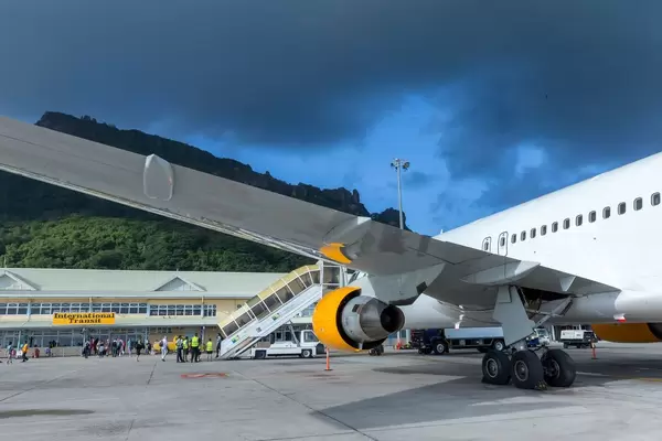 International Transit Area at Seychelles Airport in Mahé shows airplane entrance