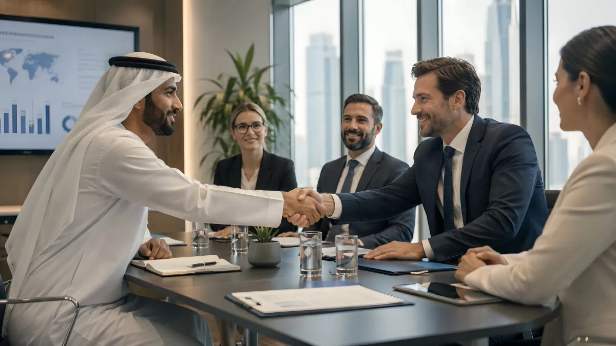 Internationales Geschäftstreffen mit Handschlag in Dubai