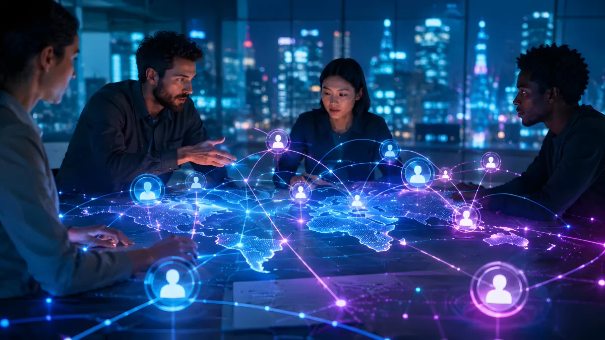 Internationales Team analysiert globales Netzwerk bei Nacht