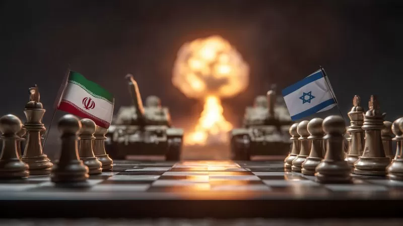 Iran Israel Konflikt auf Schachbrett mit Explosion im Hintergrund