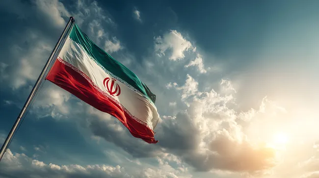 Iranische Flagge vor dramatischem Himmel