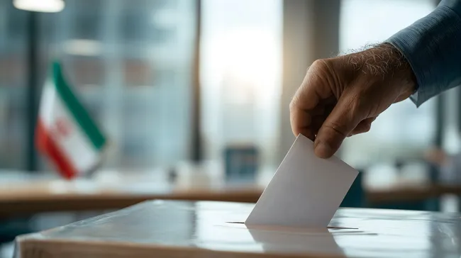 Iranische Wahl: Bürger stimmen ab mit Flagge im Hintergrund