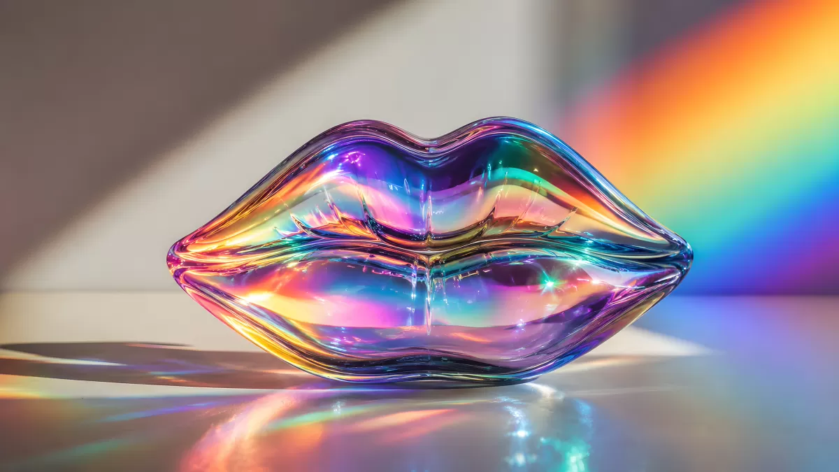 Irisierendes Glas-Lippen-Objekt mit Regenbogenreflexen
