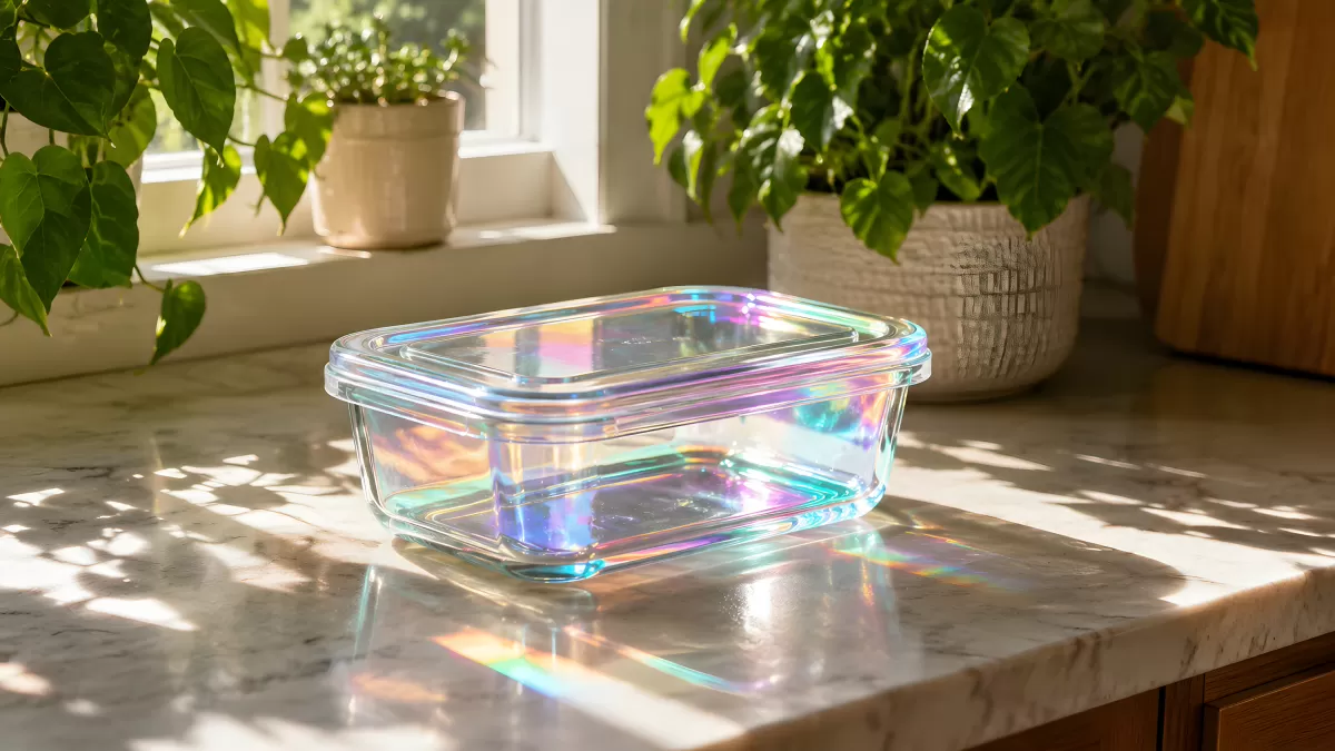 Irisierendes Glasbehälter auf Marmor im Sonnenlicht
