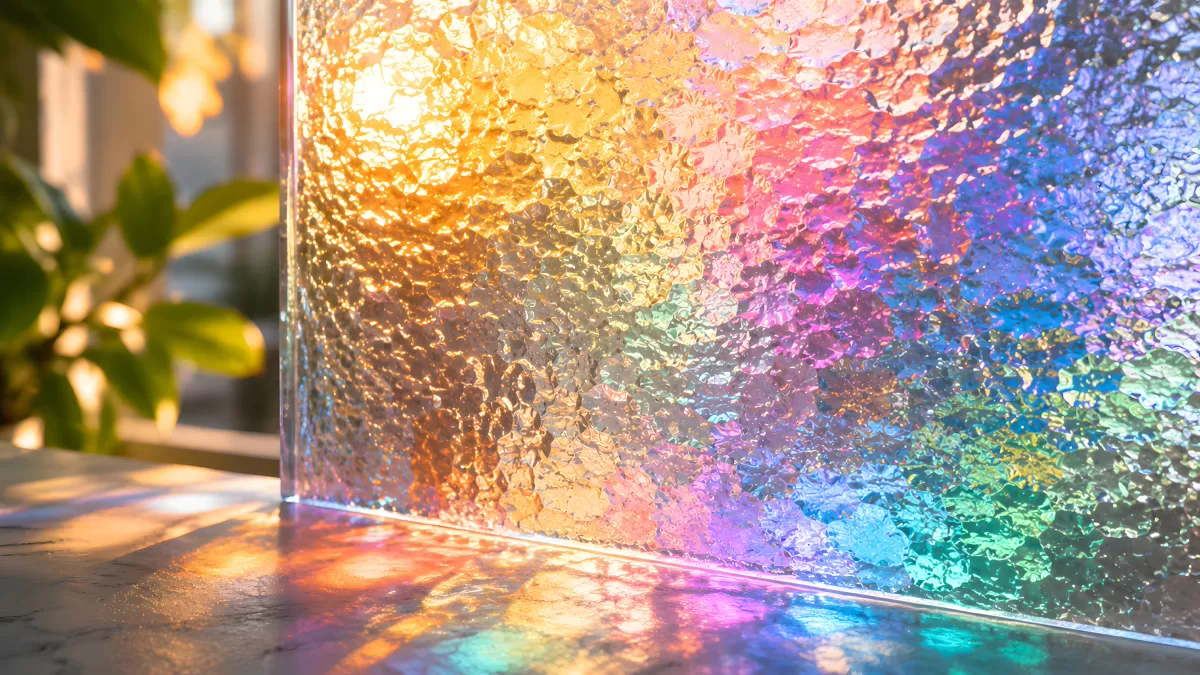 Irisierendes Strukturglas mit Regenbogenfarben im Licht