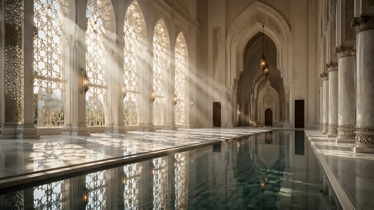 Islamische Architektur mit Lichtspiel über Wasserbassin