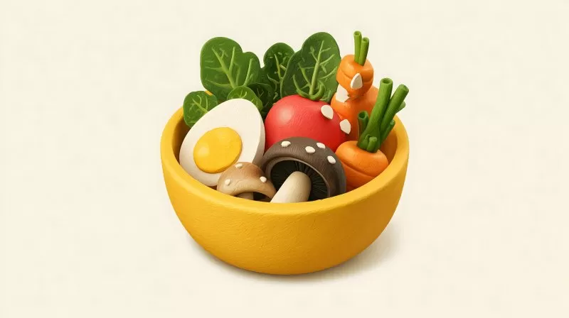 Isometrische Gemüse Bowl mit Ei in gelber Schüssel Cartoonstil