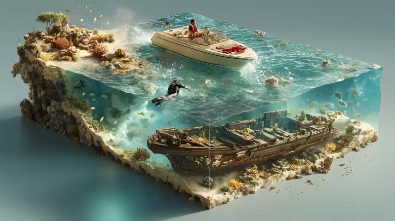 Isometrische Szene mit Boot Korallenriff und versunkenem Wrack