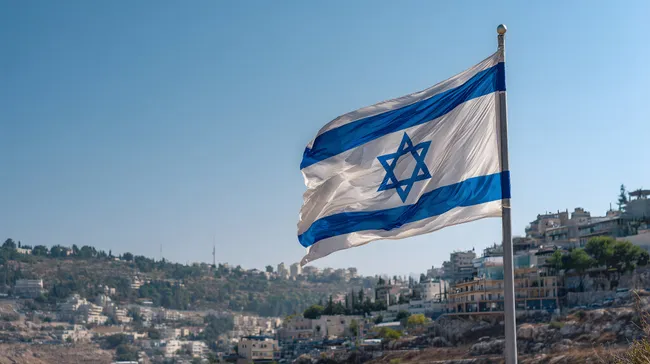 Israelische Flagge über Stadt-Panorama in Israel