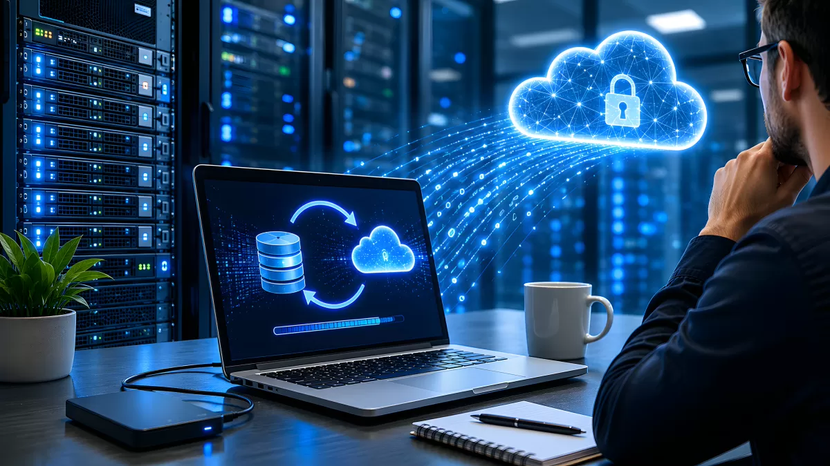 IT-Fachmann überträgt Daten sicher in die Cloud