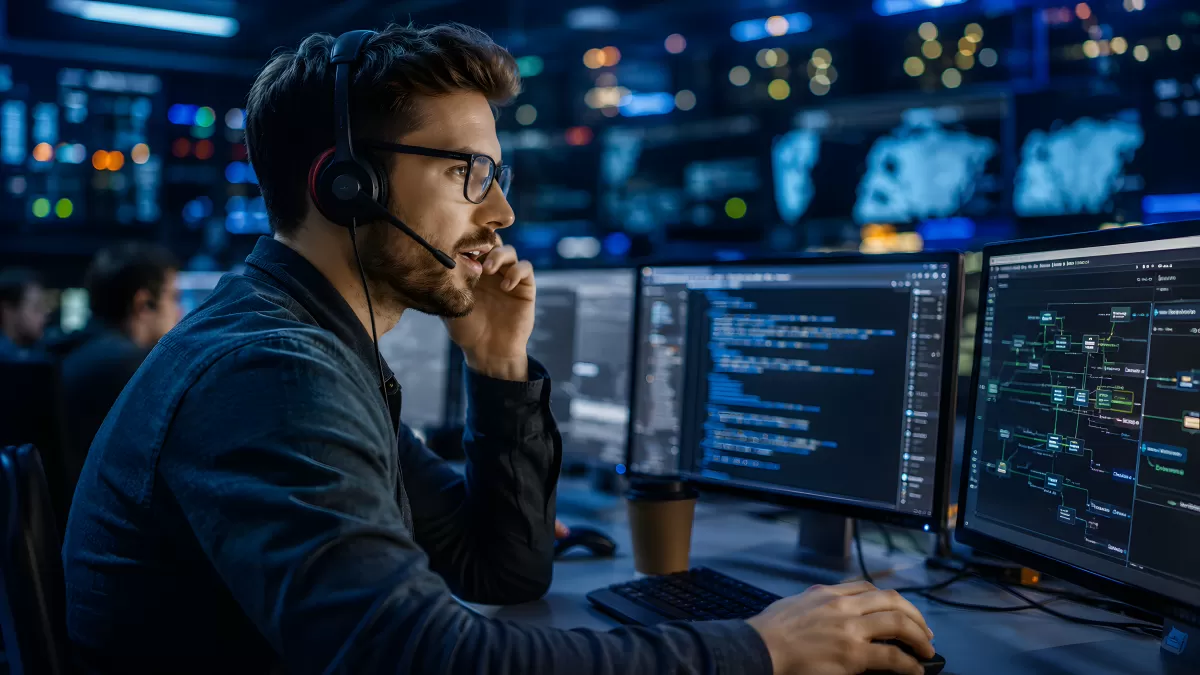 IT-Spezialist im Kontrollraum analysiert Code auf Monitoren