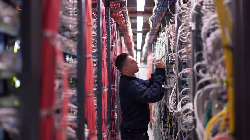 IT Techniker im Rechenzentrum bei Netzwerkarbeiten