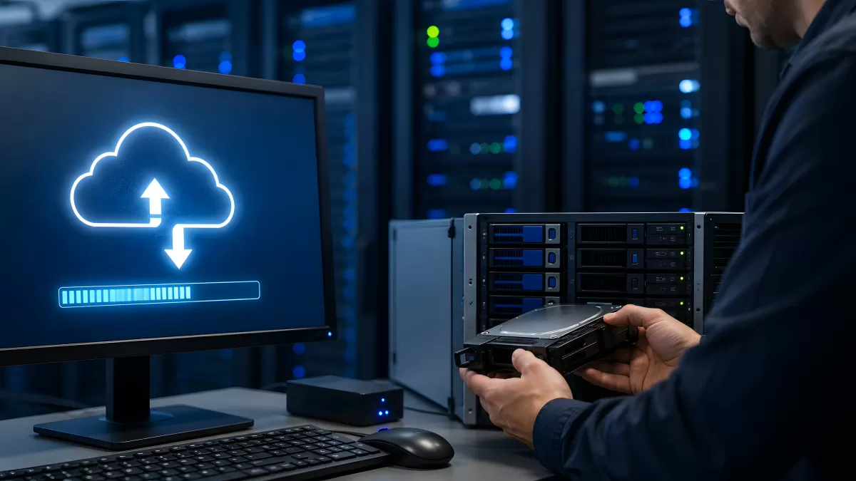 IT-Techniker installiert Festplatte im Rechenzentrum