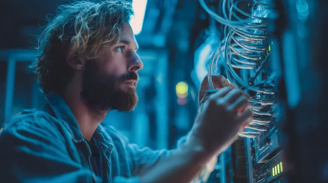 IT-Techniker überprüft Netzwerkausrüstung im Rechenzentrum