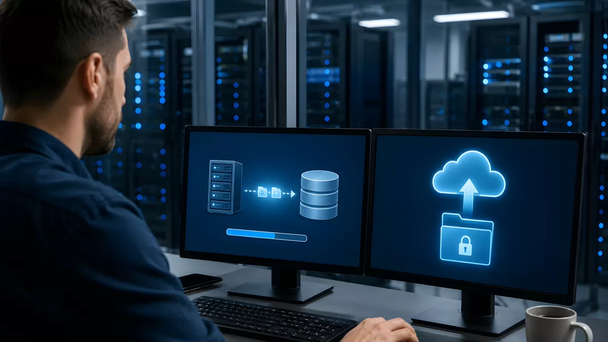 IT-Techniker überträgt Daten sicher in die Cloud