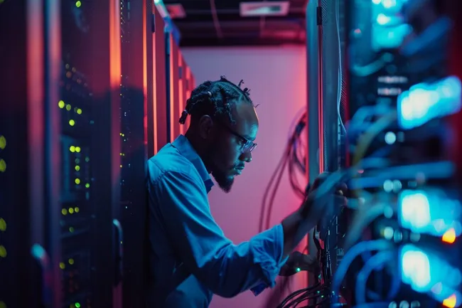 IT-Techniker wartet Serverrack in Serverraum