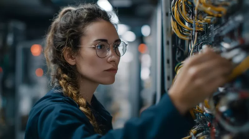 IT Technikerin im Rechenzentrum prüft Netzwerkverbindungen