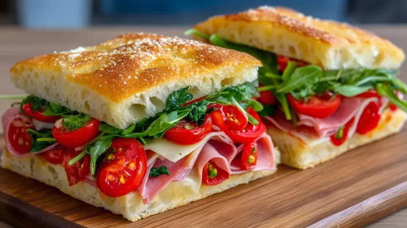 Italian focaccia sandwich with ham cheese and arugula