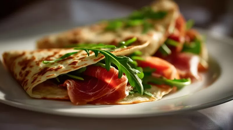 Italian piadina with prosciutto and arugula served on white plate