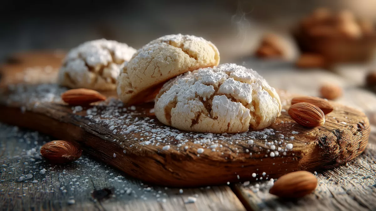 Italienische Amaretti Plätzchen mit Puderzucker und Mandeln