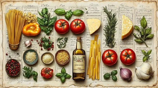 Italienische Kochzutaten auf rustikalem Untergrund