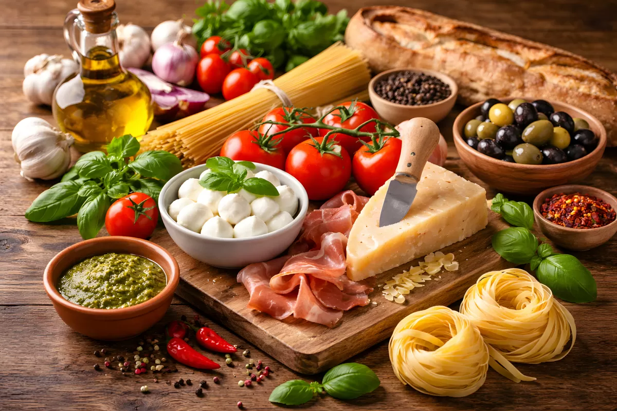 Italienische Küche: Frische Zutaten auf Holztisch