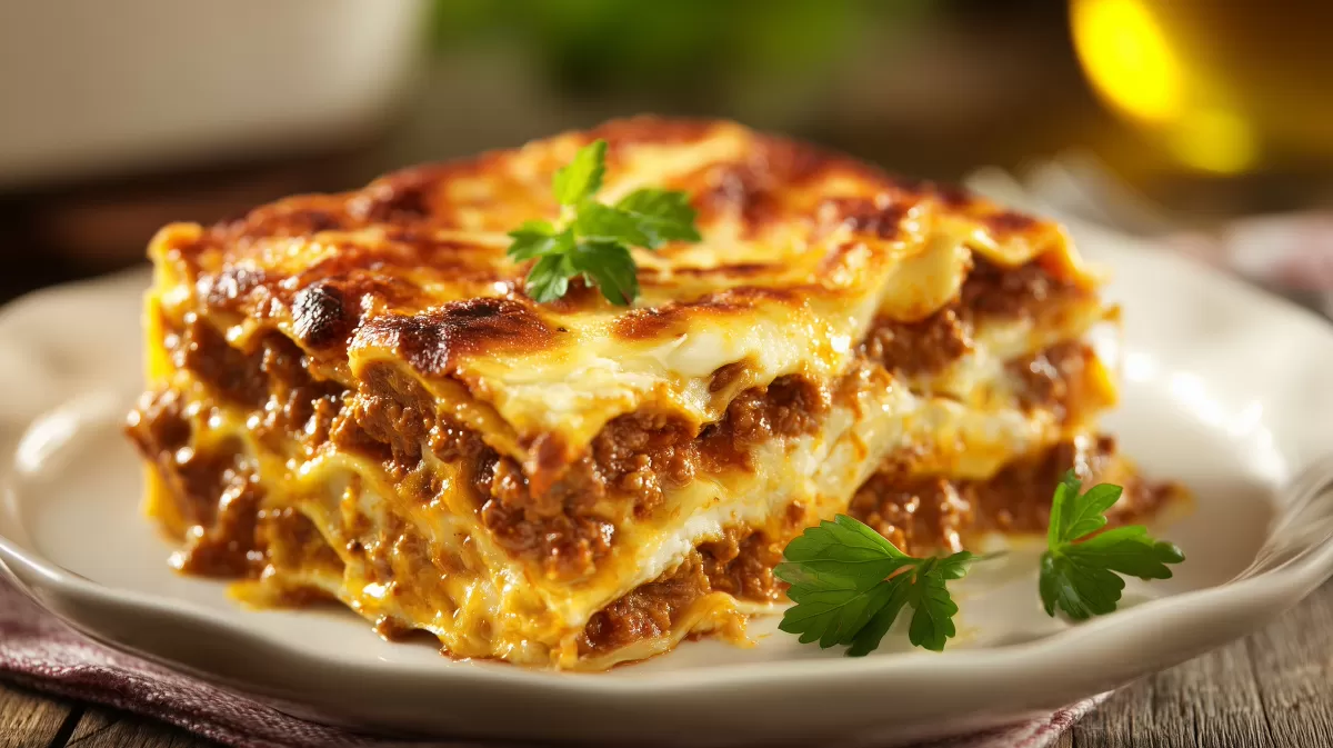Italienische Lasagne mit Bolognese auf weißem Teller