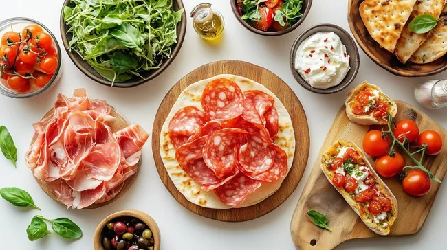 Italienische Mischplatte mit Salami, Brot und Gemüse