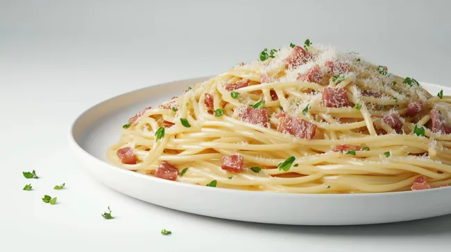 Italienische Pasta-Mahlzeit mit Speck und Parmesan