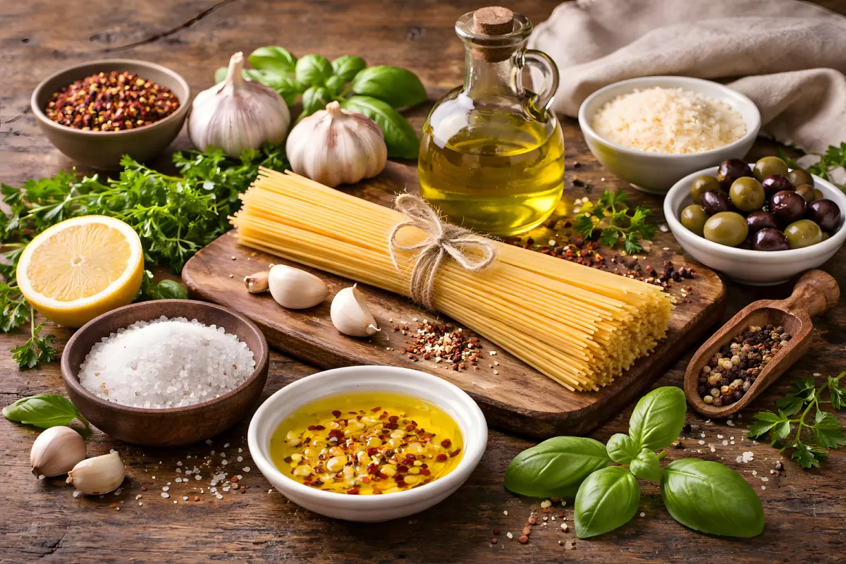 Italienische Pasta-Zutaten auf rustikalem Holztisch