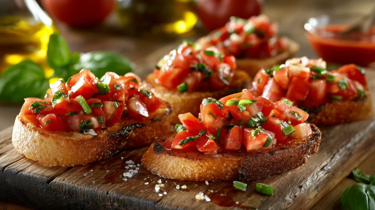Italienische Tomaten Bruschetta auf Holzbrett