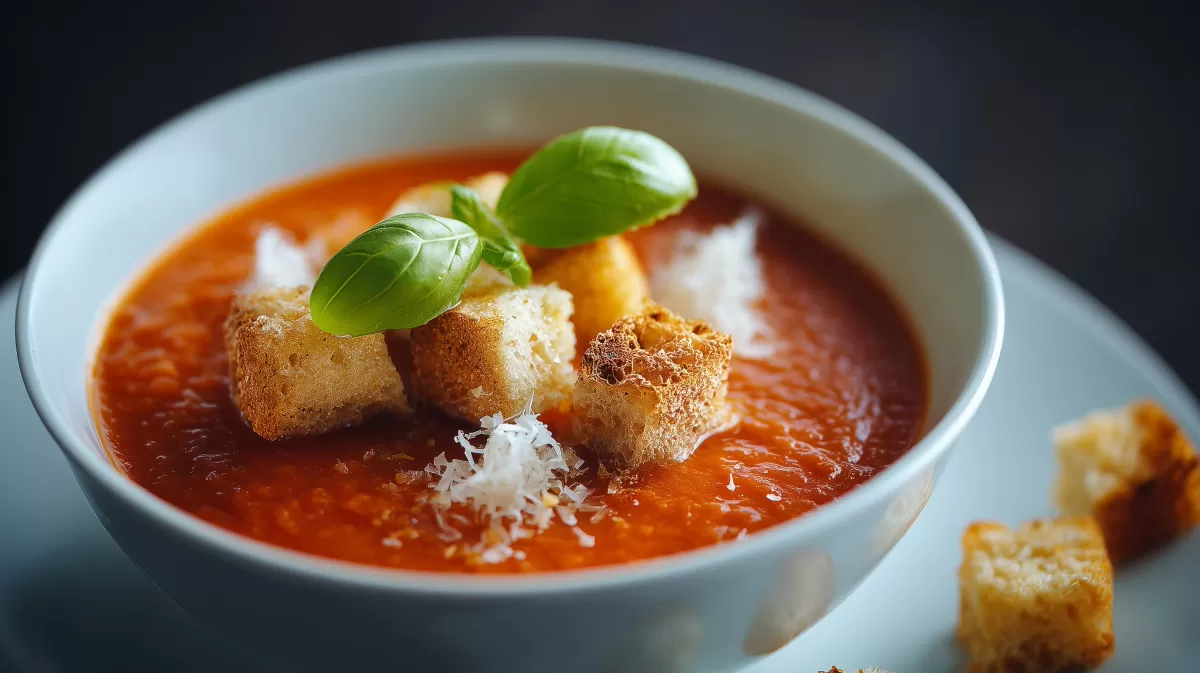 Italienische Tomatensuppe mit Croutons und Basilikum