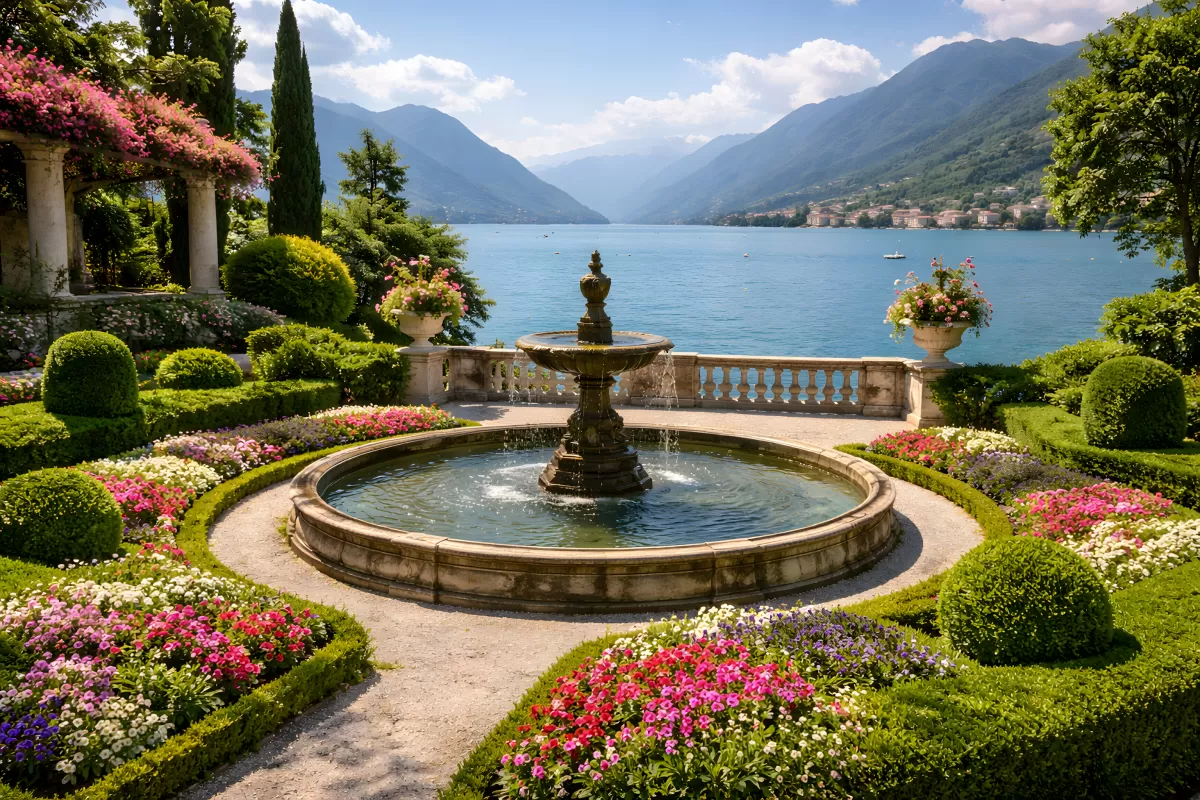 Italienischer Villengarten mit Brunnen am Bergsee