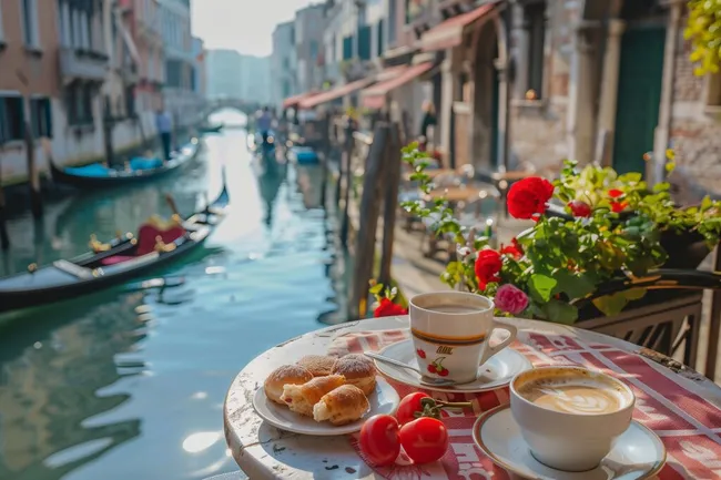 Italienisches Frühstück an der Promenade von Venedig