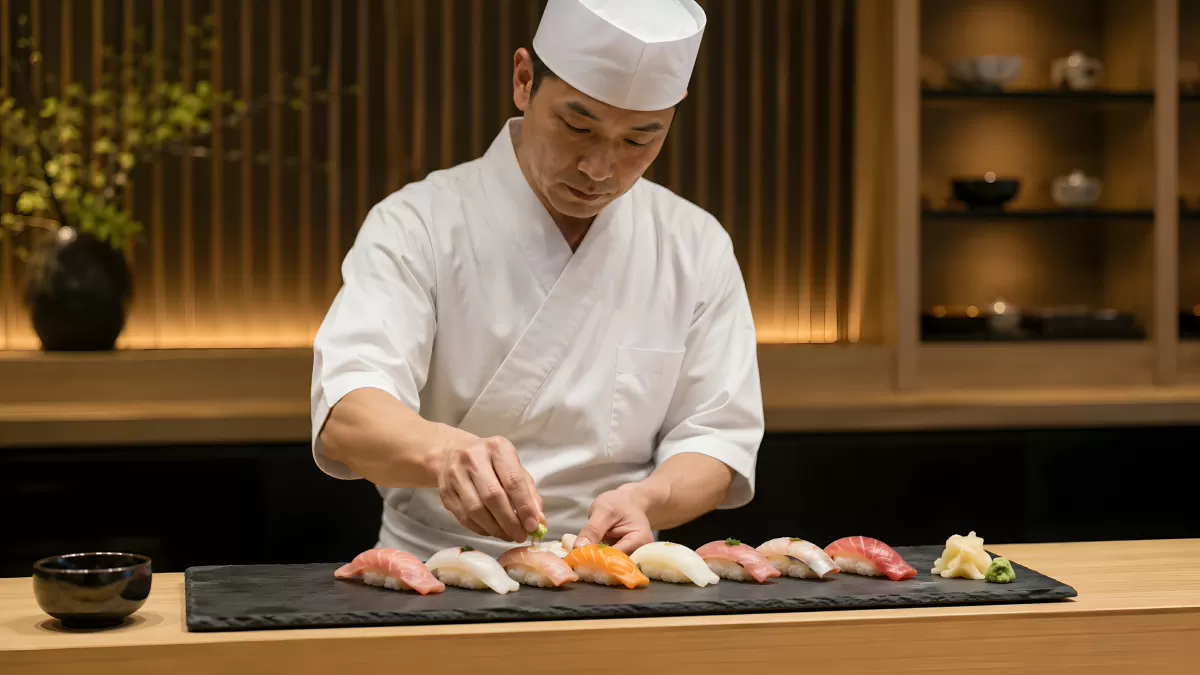Itamae bereitet Nigiri-Sushi auf Schieferplatte vor