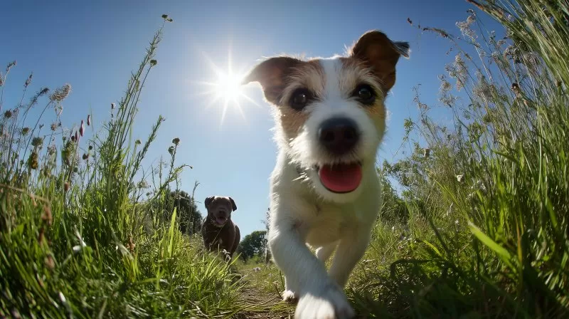 Jack Russell Hund rennt in Wiese mit Sonne im Hintergrund#