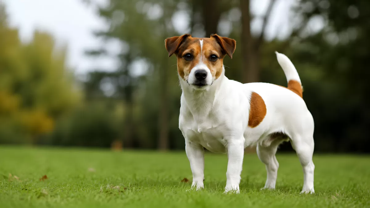 Jack Russell Terrier steht aufmerksam auf grüner Wiese