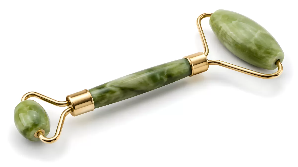 Jade-Gesichtsroller mit goldfarbenem Metallrahmen