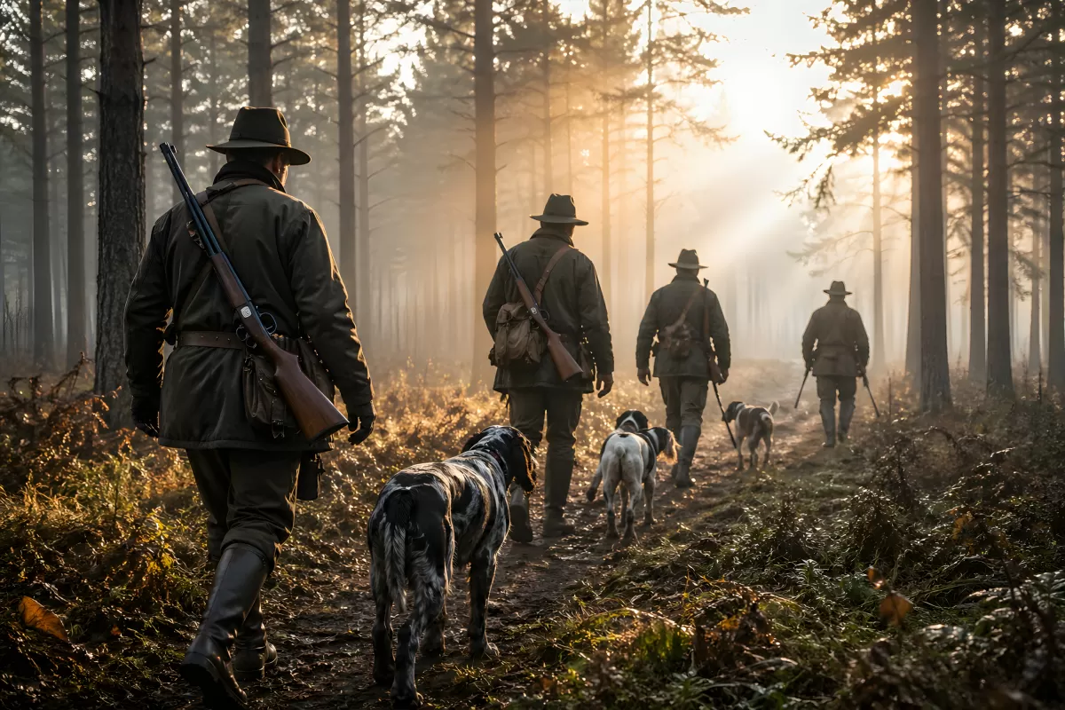 Jäger mit Hunden im nebligen Herbstwald bei Morgenlicht