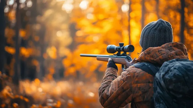 Jäger zielt mit Gewehr in herbstlicher Waldlandschaft