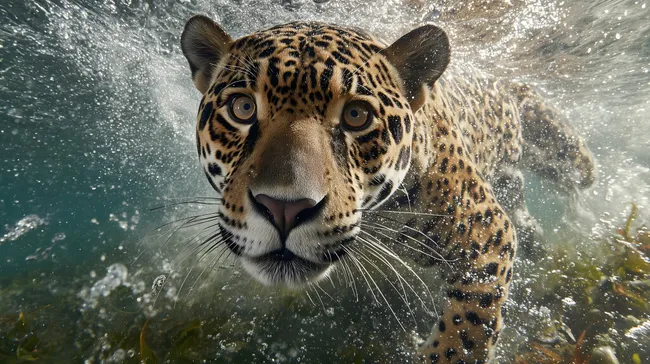 Jaguar beim Sprung aus dem Wasser mit Blick zur Kamera