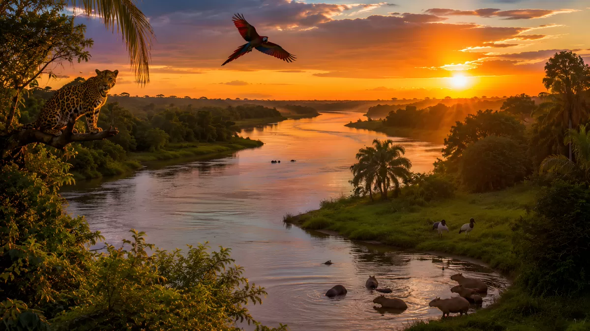 Jaguar und Ara am Fluss bei goldenem Sonnenuntergang