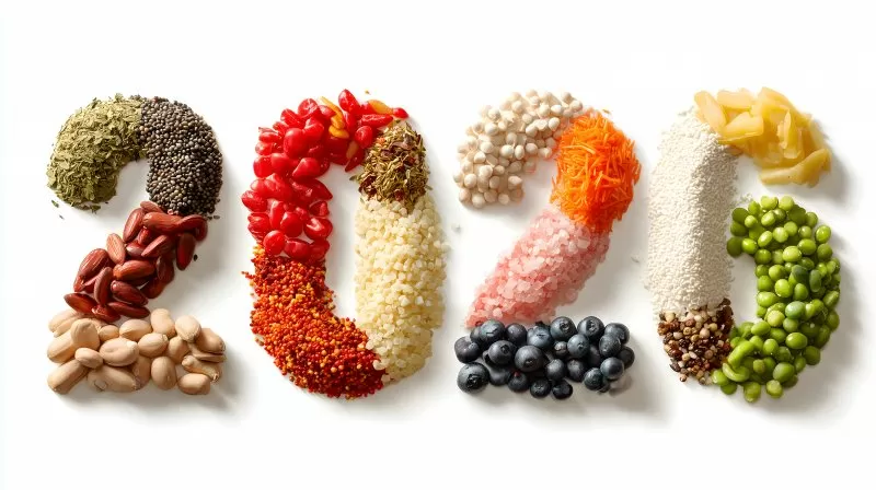 Jahreszahl 2026 aus verschiedenen Lebensmitteln geformt