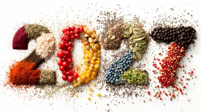 Jahreszahl 2027 aus natürlichen Lebensmitteln auf Weiß