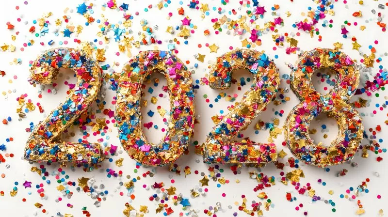 Jahreszahl 2028 aus Konfetti auf weißem Hintergrund