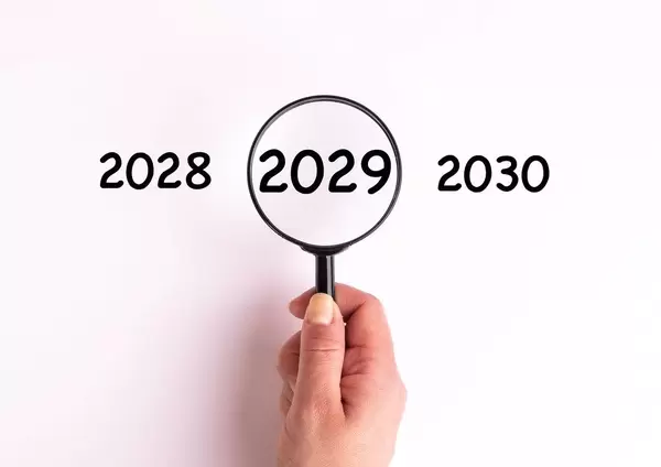 Jahreszahl 2029 auf weißer Oberfläche unter einer Lupe dargestellt