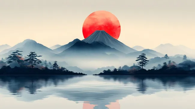 Japanische Berglandschaft mit roter Sonne