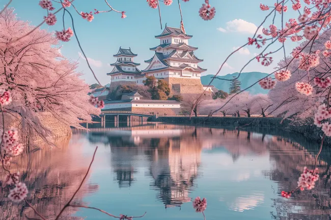 Japanische Burg und Kirschblüten am Wasser