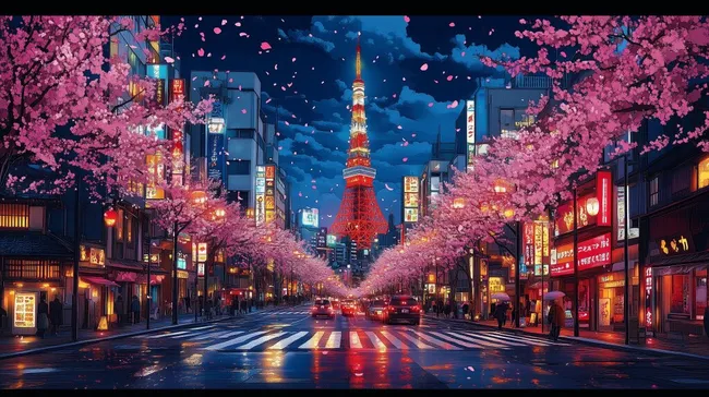 Japanische Kirschblütennacht in der Großstadt