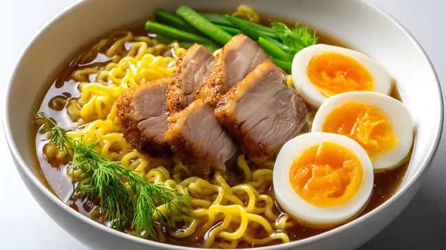 Japanische Ramen-Nudelsuppe mit Chashu-Schweinefleisch und Ei